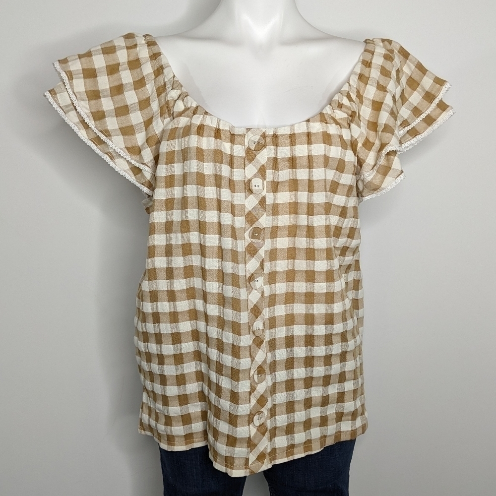 NWT Matilda Jane tan white checkered ruffle top L